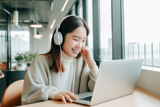 A tech savvy Asian woman in a sleek and modern office setting, using her laptop and headphones to stay productive while enjoying her favorite tunes. generative AI.