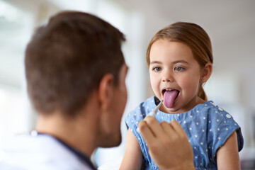 Kid, doctor and thermometer in mouth at hospital of medical risk, covid infection and fever....