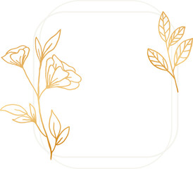 A simple frame with gold leaves and flowers in a white shape for wedding invitation, engagement, or greeting cards