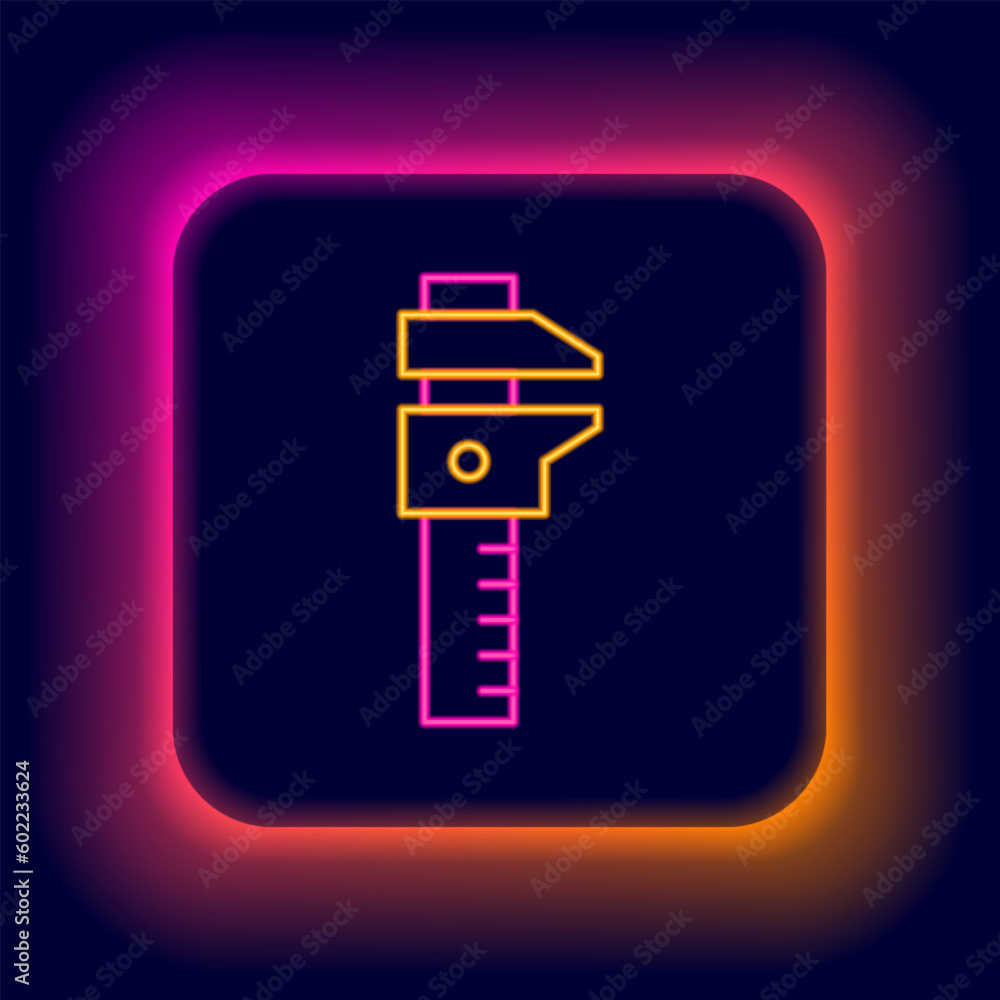 Poster glowing neon line calliper or caliper and scale icon isolated on black background. precision measuri