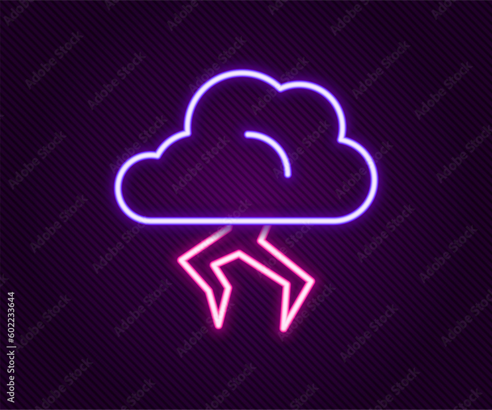 Sticker Glowing neon line Storm icon isolated on black background. Cloud and lightning sign. Weather icon of storm. Colorful outline concept. Vector