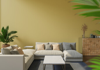 The light from the outside hit the wall of the room and the sofa located inside. give a warm atmosphere.3d rendering.
