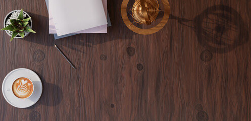 A desktop with coffee, books, pens, and decorations on top. 3d rendering.