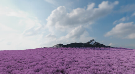 The sharp-shaped mountain is surrounded by a dense pink forest of lush trees with a backdrop of the sky and clouds. 3d rendering.