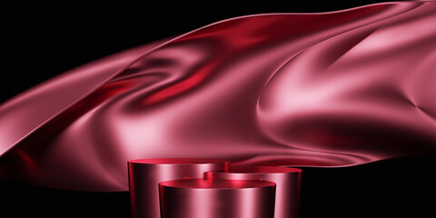 Pink fabric flying wave and podium. Luxury background for branding and product presentation. 3d rendering illustration.