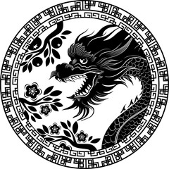 Dragon with flowers and ornamental design elements. Traditional china decoration.