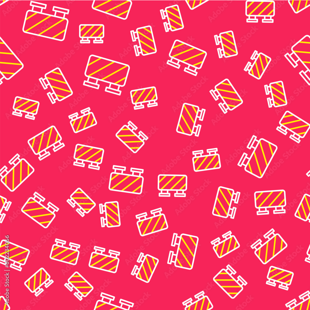 Poster line road barrier icon isolated seamless pattern on red background. symbol of restricted area which 