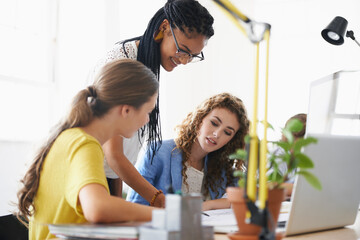 Women, architecture or happy mentor planning planning a project talking with leadership in meeting....