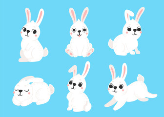 Vector set of cute rabbits in cartoon style. Bunny pet silhouette in different poses. Hare and rabbit colorful illustration for childrens book, postcards and posters.