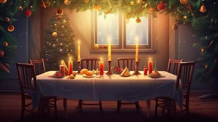 Christmas table with tree in background. Generative Ai