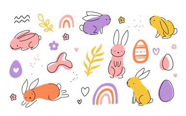 Set of Easter bunny in simple one line style. Colored Rabbit icon. line drawing of easter rabbit black and white minimalist hand drawn vector illustration. Isolated on white background.