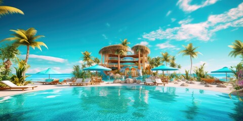 Fototapeta na wymiar Luxury Resort on Tropical Beach, Hotel with Swimming Pool for Summer Time. Generative AI