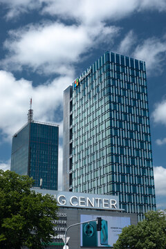Belgrade, Serbia - 10 may 2032 Office building with Microsoft logo on top.