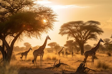 Group of Giraffes Grazing Around Baobab Trees in Golden Hour Light with Expansive Savannah in Background generative AI