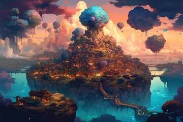 Floating Islands Amid Vibrant, Dreamy Sky Filled with Pastel Clouds and Shimmering Stars generative AI