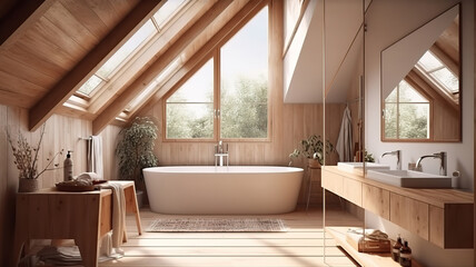 Modern bathroom in attic of farm house, 3d render, Bright color. Generative Ai