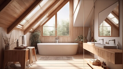 Fototapeta premium Modern bathroom in attic of farm house, 3d render, Bright color. Generative Ai