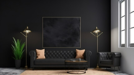 Living room with hanging white isolated empty mockup photo frame. Generative Ai