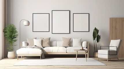 White sofa with decor and mockup frames on wall in Scandinavian style interior. Generative Ai