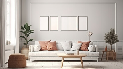 Fototapeta na wymiar 3d render of a modern room interior with blank picture frame. Generative Ai