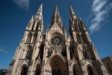 Fototapeta na wymiar Intricate Gothic Cathedral Exterior with Tall Spires and Blue Sky Background generative AI