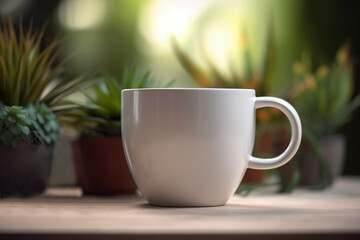 Obraz premium White coffee or tea cup in front of plants. Generative AI illustration