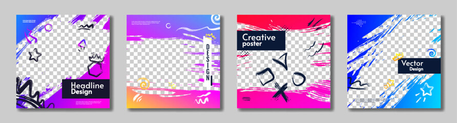 Set of overlay cards. Scratch paint gradient. Hand drawn ink. Cover design, poster, banner, postcard, invitation.