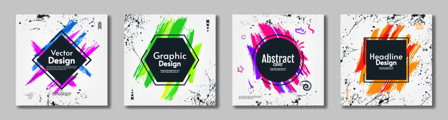 Vector illustration. Set of abstract cards, ink with colorful paint brush and scratches, white backdrop. Design for cover, poster, banner, postcard, magazine.