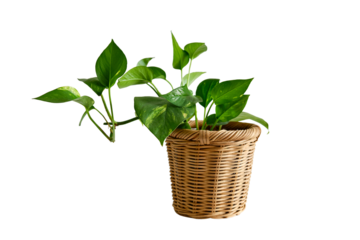 Houseplant Epipremnum in a flower pot against a white brick wall, isolated on white background. Home plant on white table, closeup