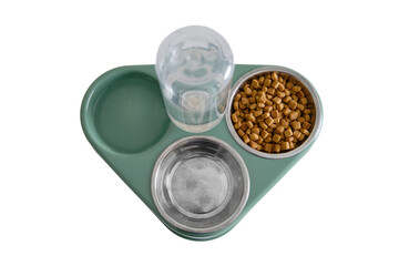 A bowl of dry cat food on a white background , isolated on white background. Green triple plate with water for a pet, close-up