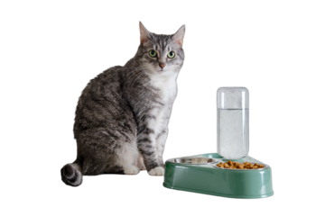 Grey senior cat eats dry food from a green bowl against a white brick wall, isolated on white background. An adult pet with green eyes at a plate of cat food. Ten year old pet