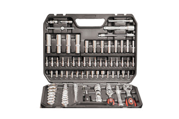 A set of hand tools in a drawer, professional equipment close-up, isolated on white background.