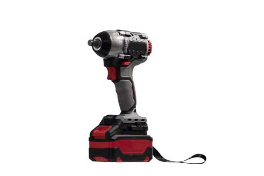 A professional tool for work, repair and construction in the store, isolated on white background. Sale of wired power tools and battery powered equipment in the shop