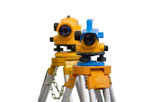 Measuring geodetic instrument for engineering works and topographic survey, isolated on white background