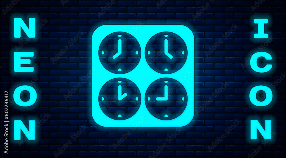 Sticker Glowing neon Time zone clocks icon isolated on brick wall background. Vector