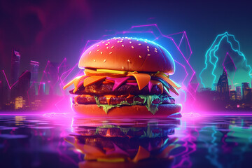 Burger on a retro neon background Ai generated