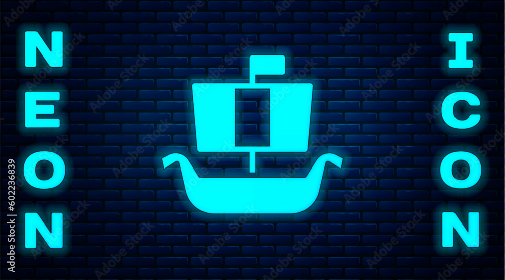 Wall mural Glowing neon Ancient viking scandinavian drakkar icon isolated on brick wall background. Viking transport ship. Vector