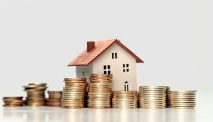 A white background showcases house, coins, energy-saving, and investment property. (Generative AI)