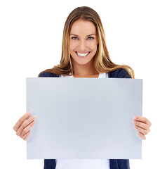 Naklejka premium Portrait, poster mockup and woman smile isolated on a white background for presentation, paper design and space. Happy person with board or sign for announcement, news or promo mock up in studio