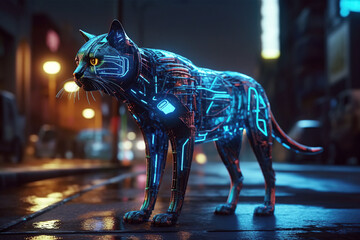cyborg cat on street of night city of future in cyberpunk style with neon light. Generative AI illustration