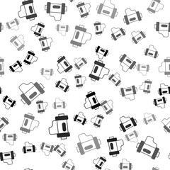 Black Camera vintage film roll cartridge icon isolated seamless pattern on white background. 35mm film canister. Filmstrip photographer equipment. Vector