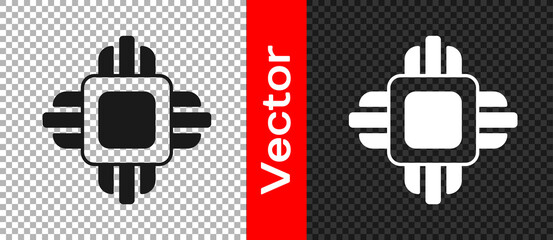 Black Computer processor with microcircuits CPU icon isolated on transparent background. Chip or cpu with circuit board. Micro processor. Vector