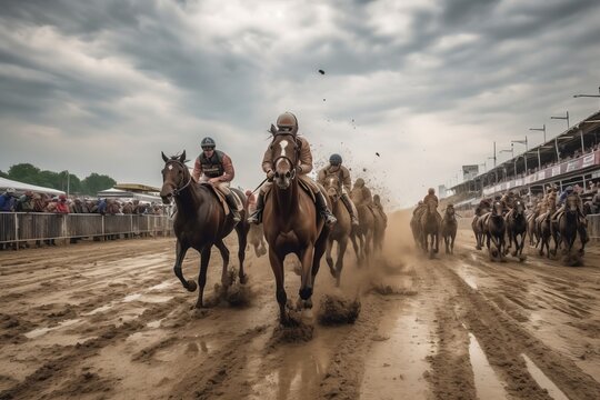 Kentucky derby horse racing. Generative AI illustration.