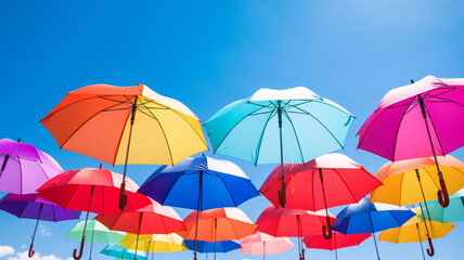Fototapeta na wymiar Colored umbrellas sky. Created with generative Ai technology.