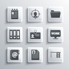 Set Resume, Office desk, Location with text work, Identification badge, Address book, folders, Spiral notebook and Document icon. Vector