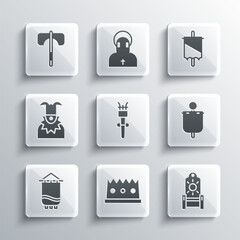Set King crown, Medieval throne, flag, Torch flame, Joker head, axe and icon. Vector