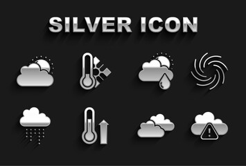 Set Meteorology thermometer, Tornado, Storm warning, Cloud, with rain, and sun, Sun cloud weather and icon. Vector