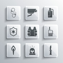 Set Flasher siren, Military knife, Walkie talkie, Bulletproof vest, Torch flame, Police badge, Handcuffs and grenade icon. Vector