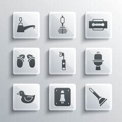 Set Female toilet, Rubber plunger, Toilet bowl, Electric toothbrush, duck, Flip flops, Water tap and Blade razor icon. Vector
