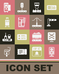 Set Information stand, Railroad crossing, Railway barrier, Train conductor, News, Suitcase, Toilet the train car and icon. Vector